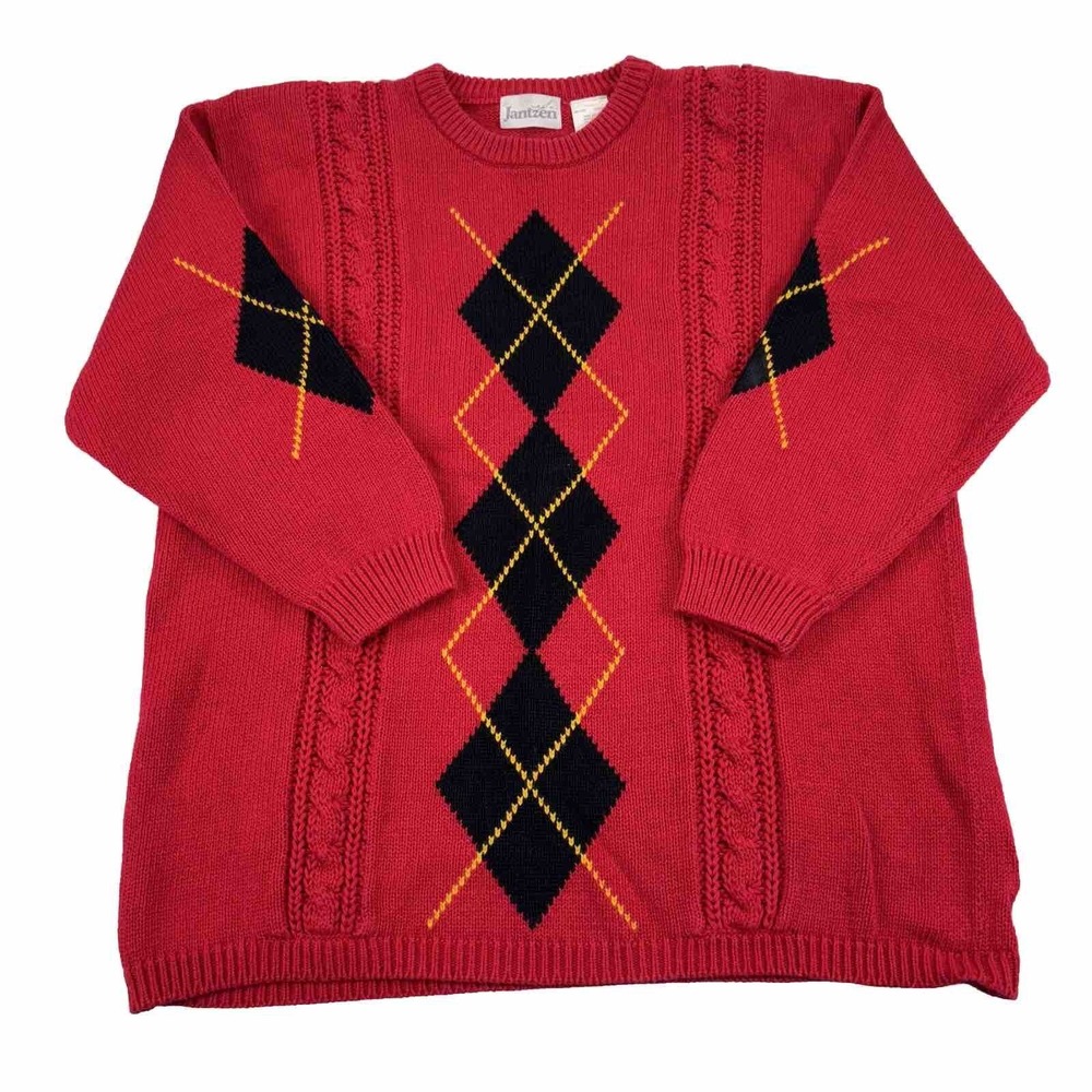 VTG JANTZEN ARGYLE SWEATER WOMENS‎ XL RED PULLOVER CABLE KNIT SHOULDER PADS